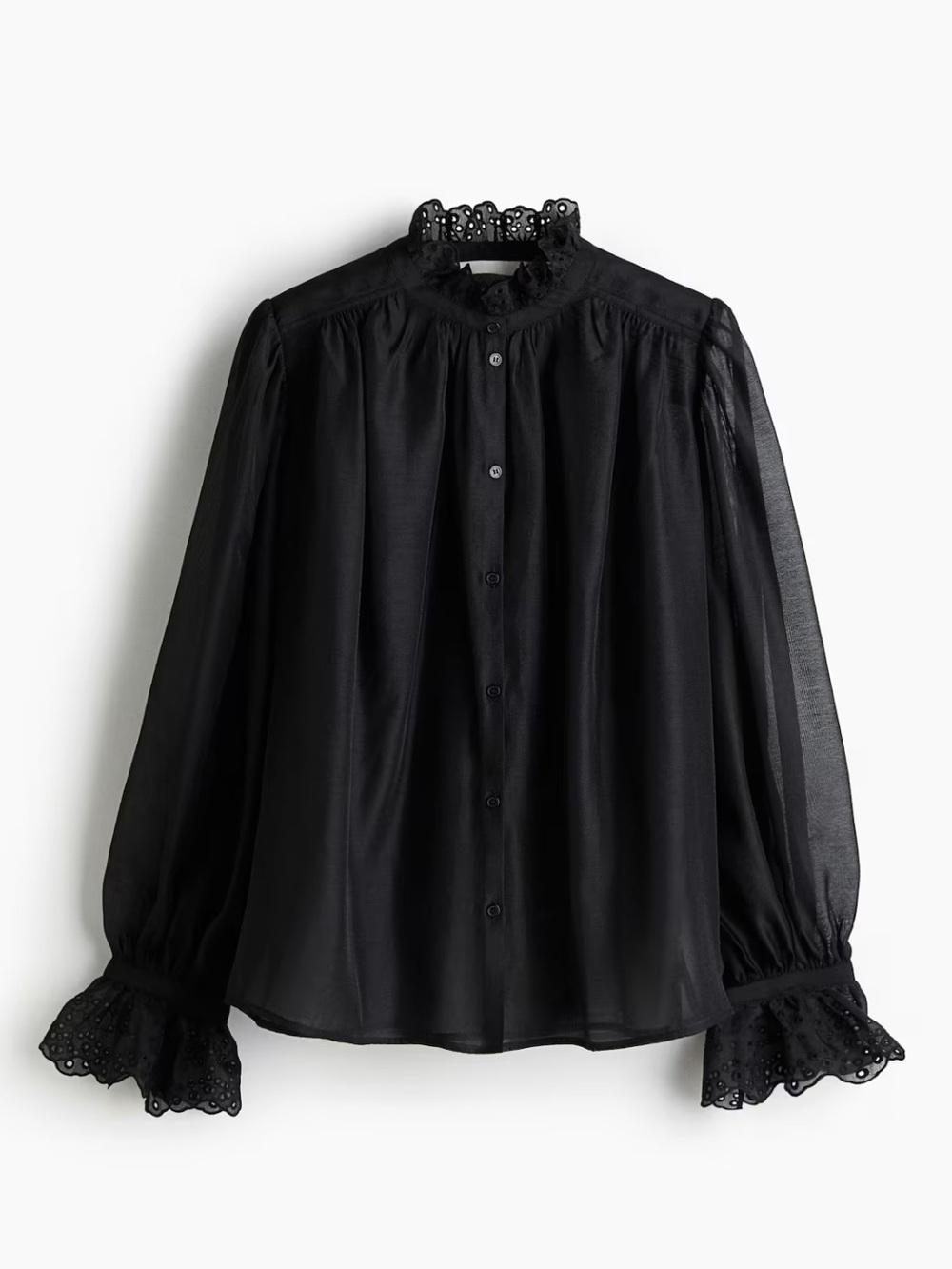H&M Black Lace-Trim Sheer Button-Up Blouse
